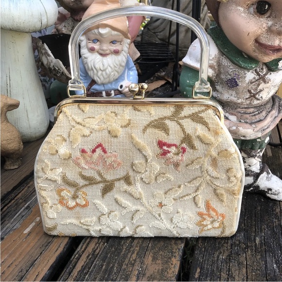 Floral Tapestry Burned Velvet Carpet Bag Purse Lucite Vintage Pink Green 50s 60s - Picture 10 of 10
